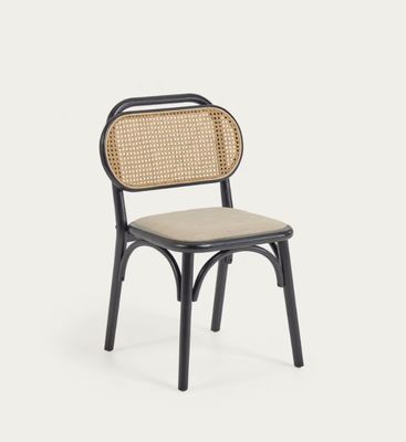 Стол для обеда в стиле винтаж в натуральном дереве с тканевым сиденьем и подложкой для спины из реального ротана W47*D51*H82.5CM